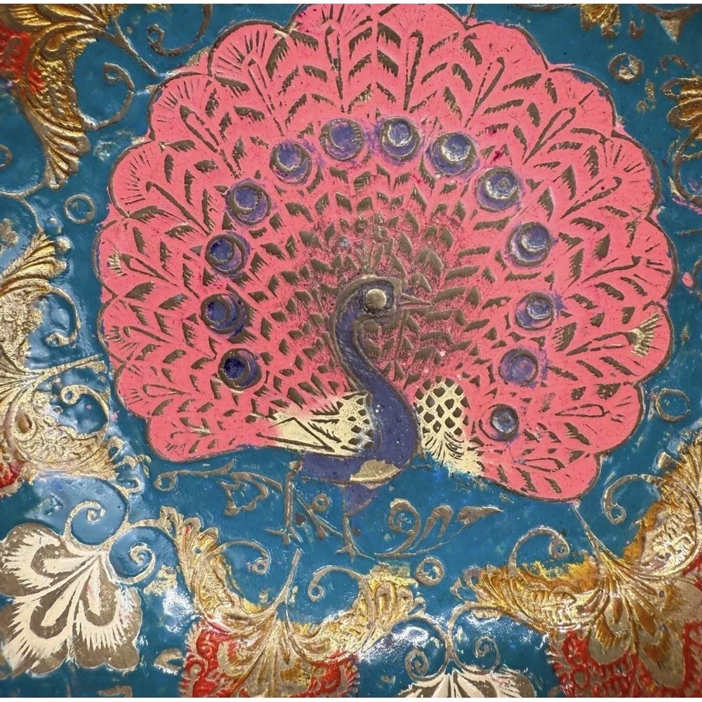 Vtg Brass‎ or Plated Bowl Trinket Dish w/ Peacock Floral Design India Scalloped